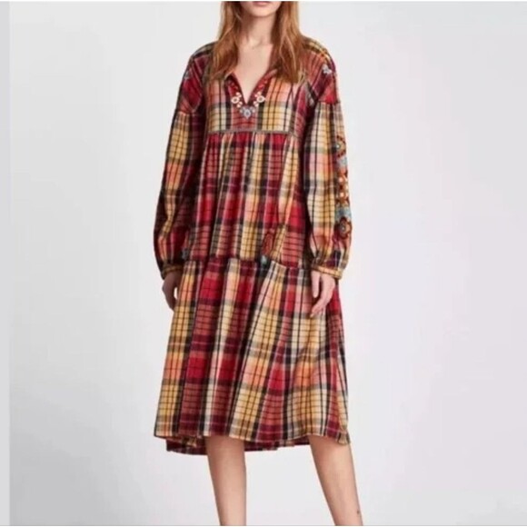 ZARA Plaid Midi Dress with Floral Embroidery Small - Picture 1 of 10